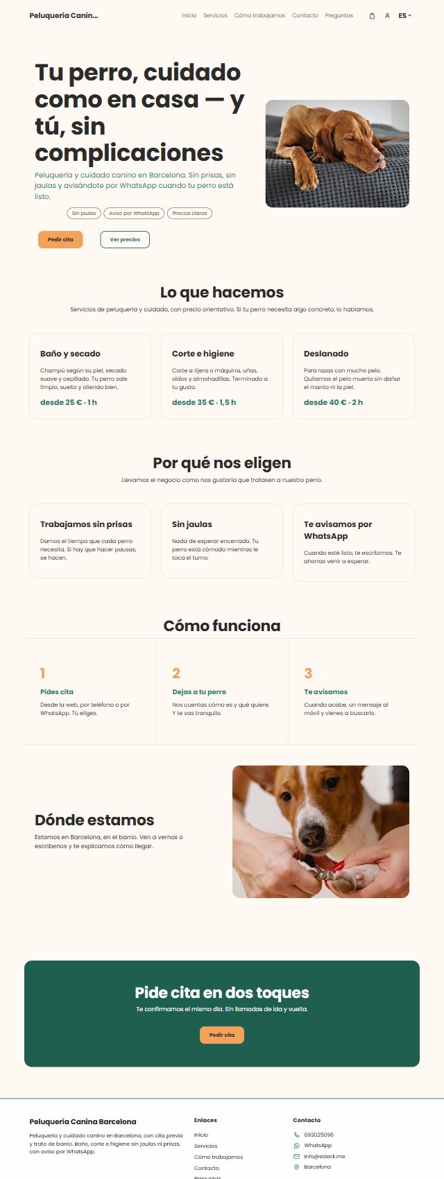 Web de demostración de una peluquería canina